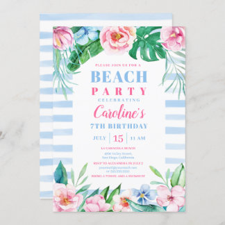 Beach Party Tropical Floral Blue Streifen Geburtst Einladung