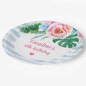 Beach Party Tropical Floral Blue Streifen Geburtst Pappteller (Schrägansicht)