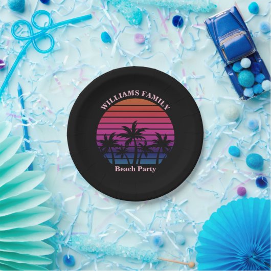 Beach Party Tropical Sunset Palm Trees Black Pappteller (Party)