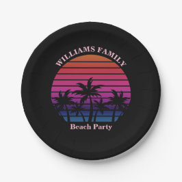 Beach Party Tropical Sunset Palm Trees Black Pappteller