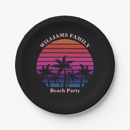 Beach Party Tropical Sunset Palm Trees Black Pappteller (Vorderseite)