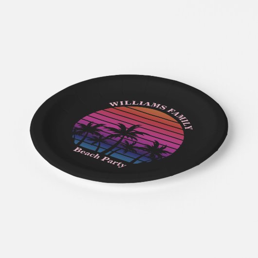 Beach Party Tropical Sunset Palm Trees Black Pappteller (Schrägansicht)