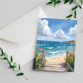 Beach Path Watercolor Coastal Ocean Painting Card