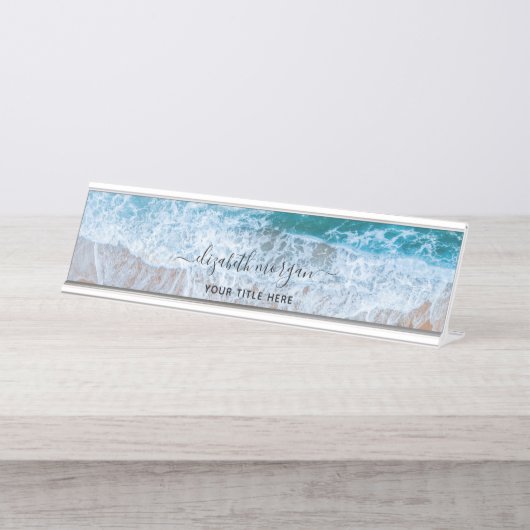 Beach Personalisiert Blue Script Elegant Schreibtischnamensplakette (Vorderseite )