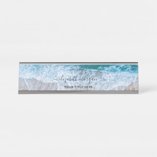 Beach Personalisiert Blue Script Elegant Schreibtischnamensplakette (Vorderseite )
