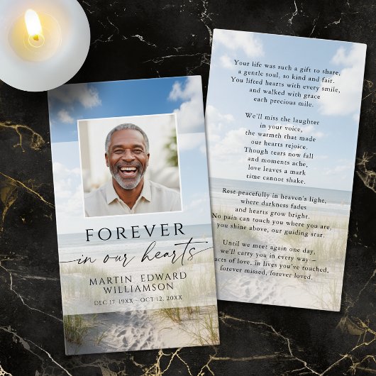 Beach Photo Forever Hearts Memorial Prayer Card