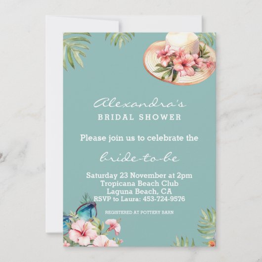 Beach Pink Blume Blaues tropisches Brautparty Einladung (Vorderseite)