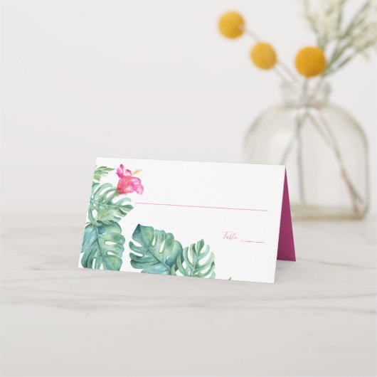 Beach Pink Floral Hibiskus Hochzeit Platzkarte (Vorderseite)