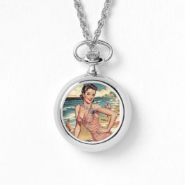Beach Pinup Silver Necklace Watch in den 40er Jahr Armbanduhr