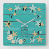 Beach Planks und Starfish Quadratische Wanduhr (Vorderseite)