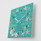 Beach Planks und Starfish Quadratische Wanduhr (Winkel)