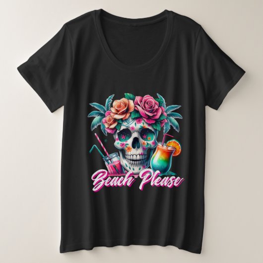 Beach Please Tropical Skull Plus Size T-Shirt (Design vorne)