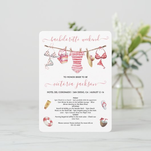 Beach Pool Bachelorette Wochenende Clothesline Einladung (Stehend Vorderseite)