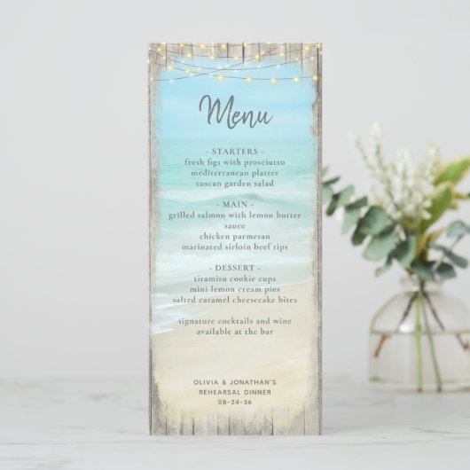 Beach Probe Dinner Rustikales Hochzeitmenü Menükarte (Stehend Vorderseite)