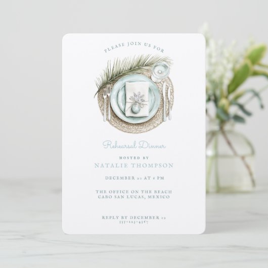 Beach Probe Dinner | Winterhochzeit Einladung (Stehend Vorderseite)