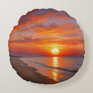 Beach Purple Orange Sunset Round Throw Pillow Rundes Kissen
