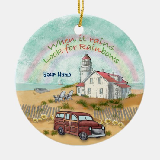 Beach Rainbow Lighthouse Keramik Ornament (Vorne)