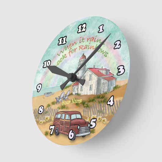 Beach Rainbow Lighthouse Runde Wanduhr (Winkel)