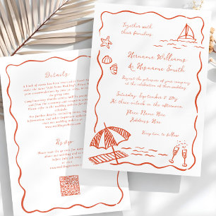 Beach Red Hand Drawn QR UAWG All-in-One Hochzeit Einladung