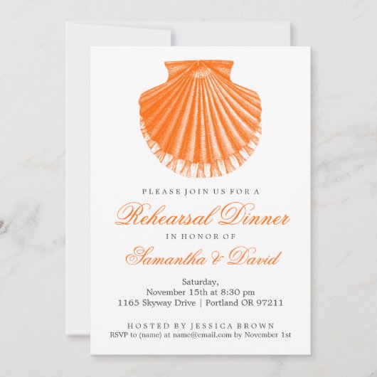 Beach Rehearsal Dinner Scallop Shell Orange Einladung (Vorderseite)
