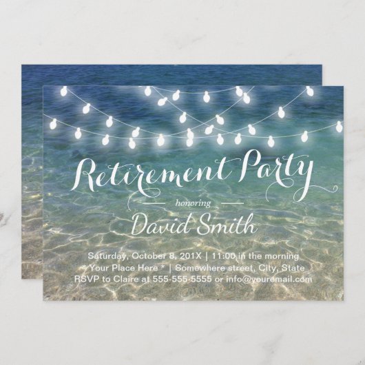 Beach Retirement Party String Lights Tropical Einladung (Vorne/Hinten)