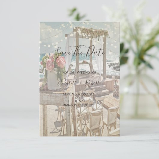 Beach Retro Arbor String Lights Save the Date (Stehend Vorderseite)