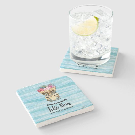 Beach Retro Tiki Bar Mit Monogramm Steinuntersetzer (Seitenansicht)