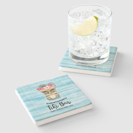 Beach Retro Tiki Bar Mit Monogramm Steinuntersetzer (Seitenansicht)