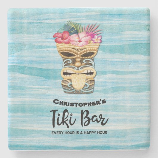 Beach Retro Tiki Bar Mit Monogramm Steinuntersetzer (Vorderseite)