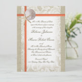 Beach Romance Burlap und Lace Wedding Coral Einladung (Stehend Vorderseite)