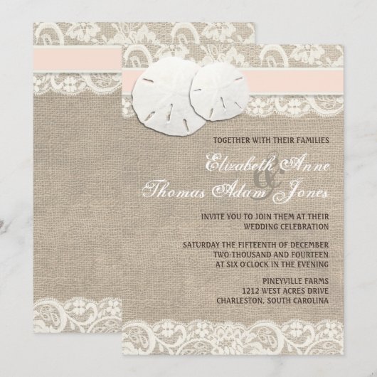Beach Rustic Burlap Lace Hochzeit Einladung Blush (Vorne/Hinten)
