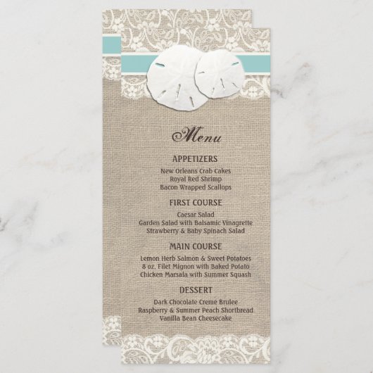 Beach Rustic Burlap Lace Menu Card - Türkisch Menükarte (Vorne/Hinten)
