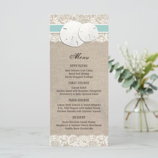 Beach Rustic Burlap Lace Menu Card - Türkisch Menükarte (Stehend Vorderseite)