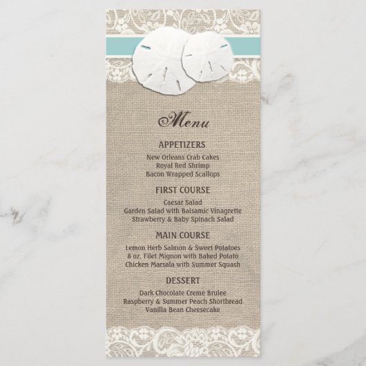 Beach Rustic Burlap Lace Menu Card - Türkisch Menükarte (Vorderseite)