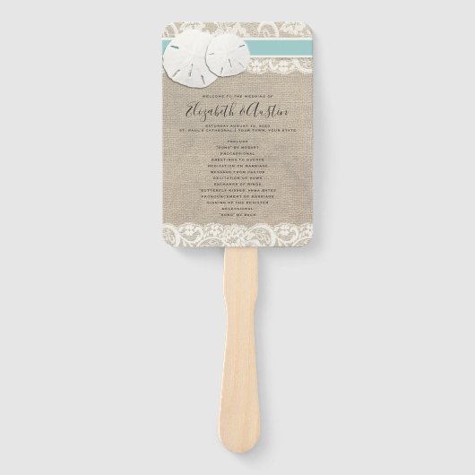 Beach Rustic Burlap Lace Wedding Program Fan Fächer (Vorderseite)