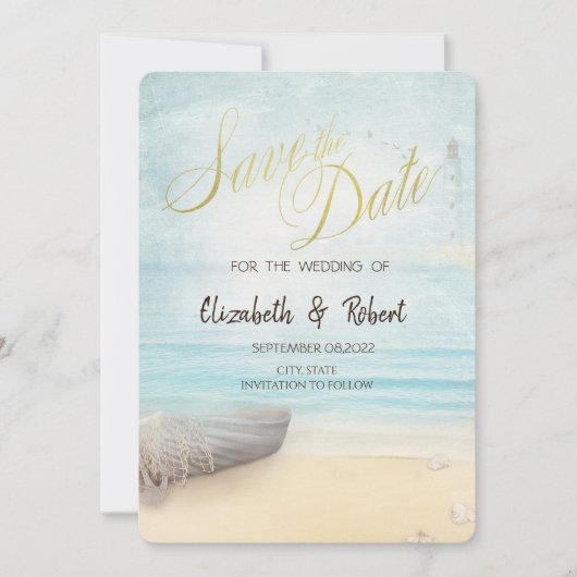 Beach Sand Boat Lighthouse Save the Date (Vorderseite)
