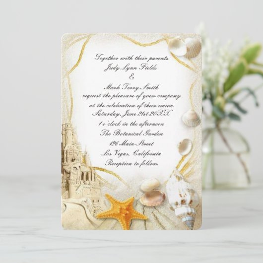 Beach Sand Castle Hochzeit Einladung (Stehend Vorderseite)