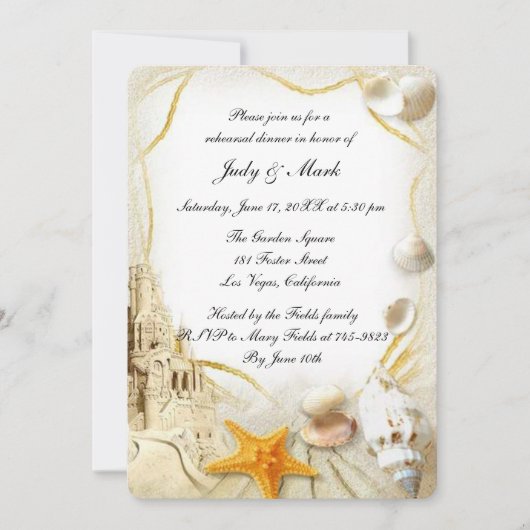 Beach Sand Castle Hochzeit Probe Dinner Einladung (Vorderseite)