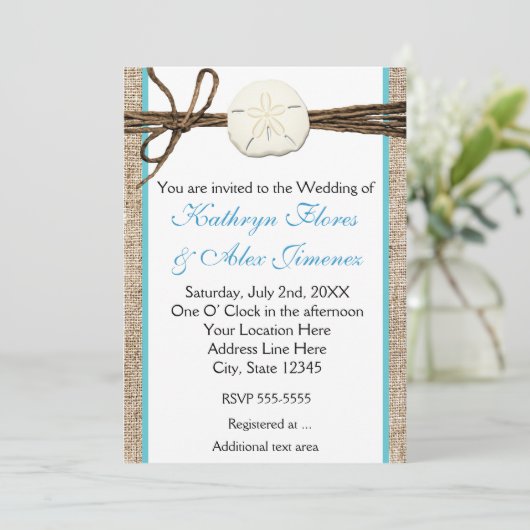 Beach Sand Dollar Burlap Türkis Einladung (Stehend Vorderseite)