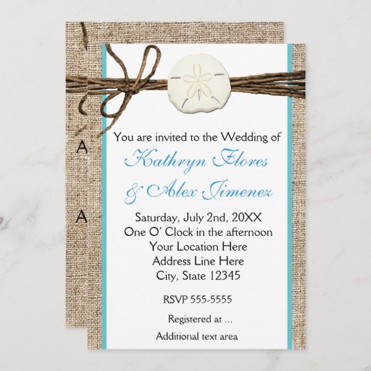 Beach Sand Dollar Burlap Türkis Einladung (Vorne/Hinten)