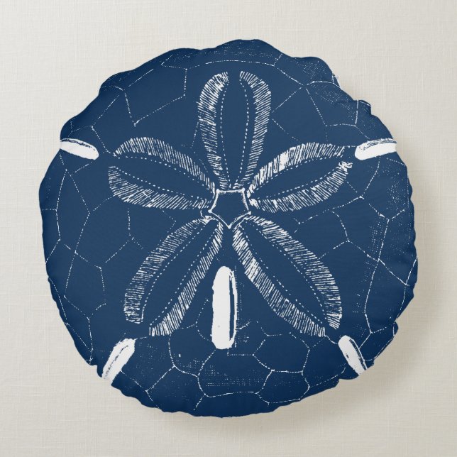 Beach Sand Dollar Navy Blau Weiß Rundes Kissen (Rückseite)