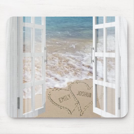 Beach Sand Heart mit offenem Fenster Mousepad (Vorne)