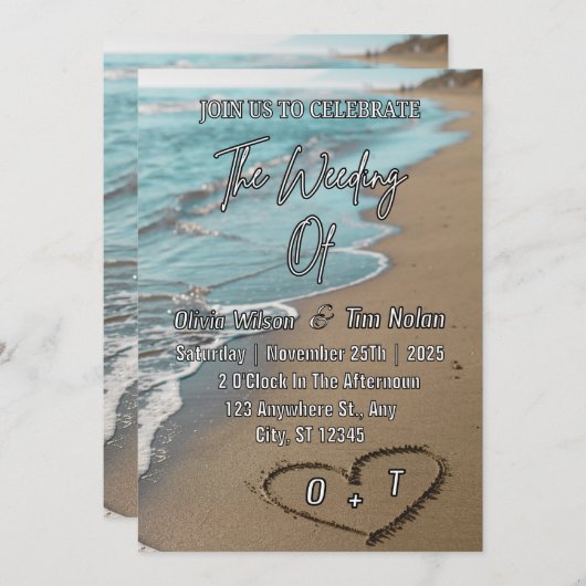 Beach Sand Hearts Elegant Tropical Modern Wedding Einladung (Vorne/Hinten)