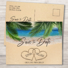 Beach Sand Hearts Palm Ankündigung Datum freihalte Postkarte