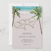 Beach Sand Hearts Tropical Palm | Moderne Hochzeit Einladung (Vorderseite)