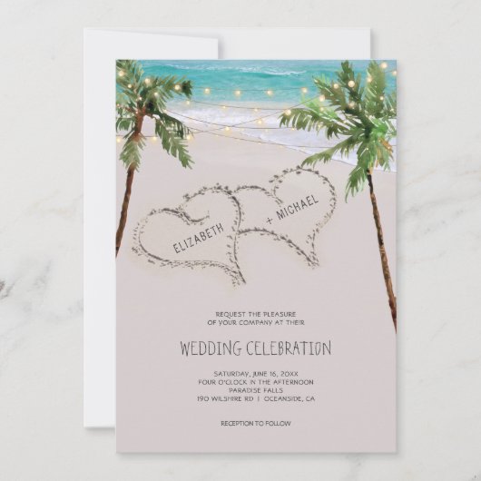 Beach Sand Hearts Tropical Palm | Moderne Hochzeit Einladung (Vorderseite)