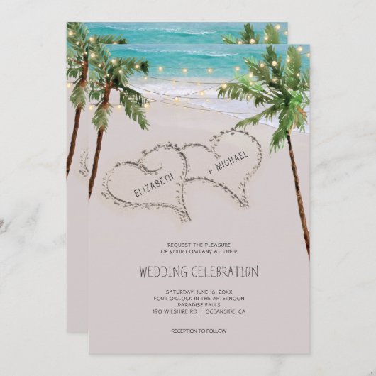 Beach Sand Hearts Tropical Palm | Moderne Hochzeit Einladung (Vorne/Hinten)