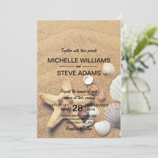 Beach Sand, Muscheln und Einladung zur Hochzeit vo (Stehend Vorderseite)