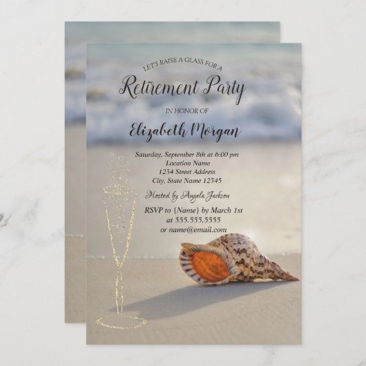 Beach Sand Seashell Weingläser Vorruhestand Einladung (Vorne/Hinten)