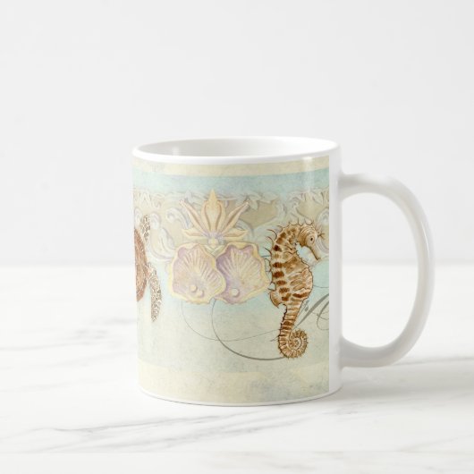 Beach Sand Seashore Collage Turtle Sea Horse Musch Kaffeetasse (Rechts)